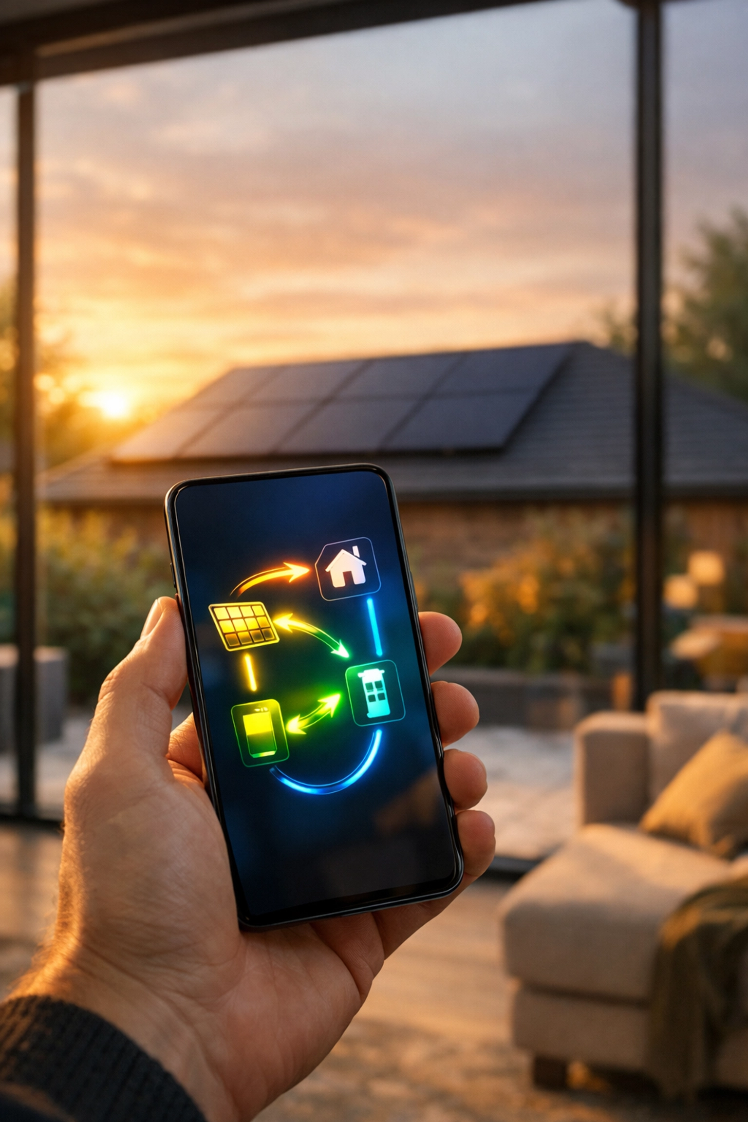 Monitoring solar energy production and system performance via a smartphone app in a modern home.