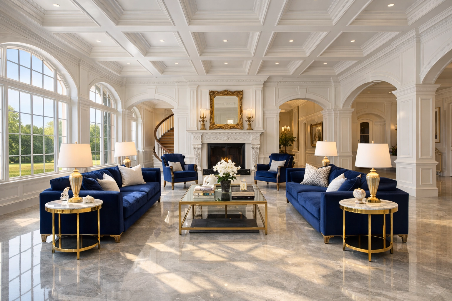 Spotless luxury living room in Dover showing high-end residential cleaning Massachusetts standards.