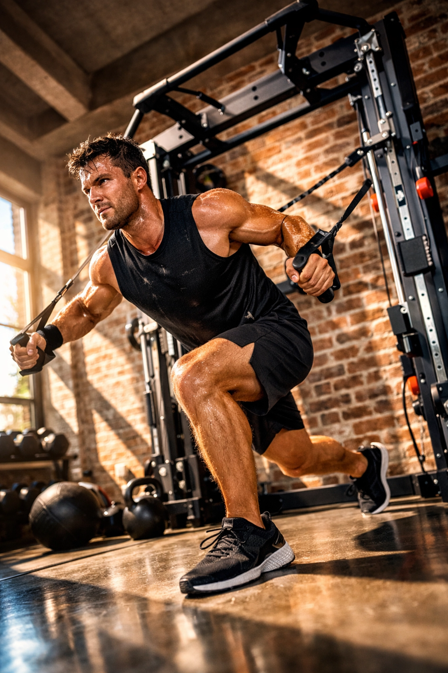 Circuit training workout in home gym using floor-to-ceiling resistance system