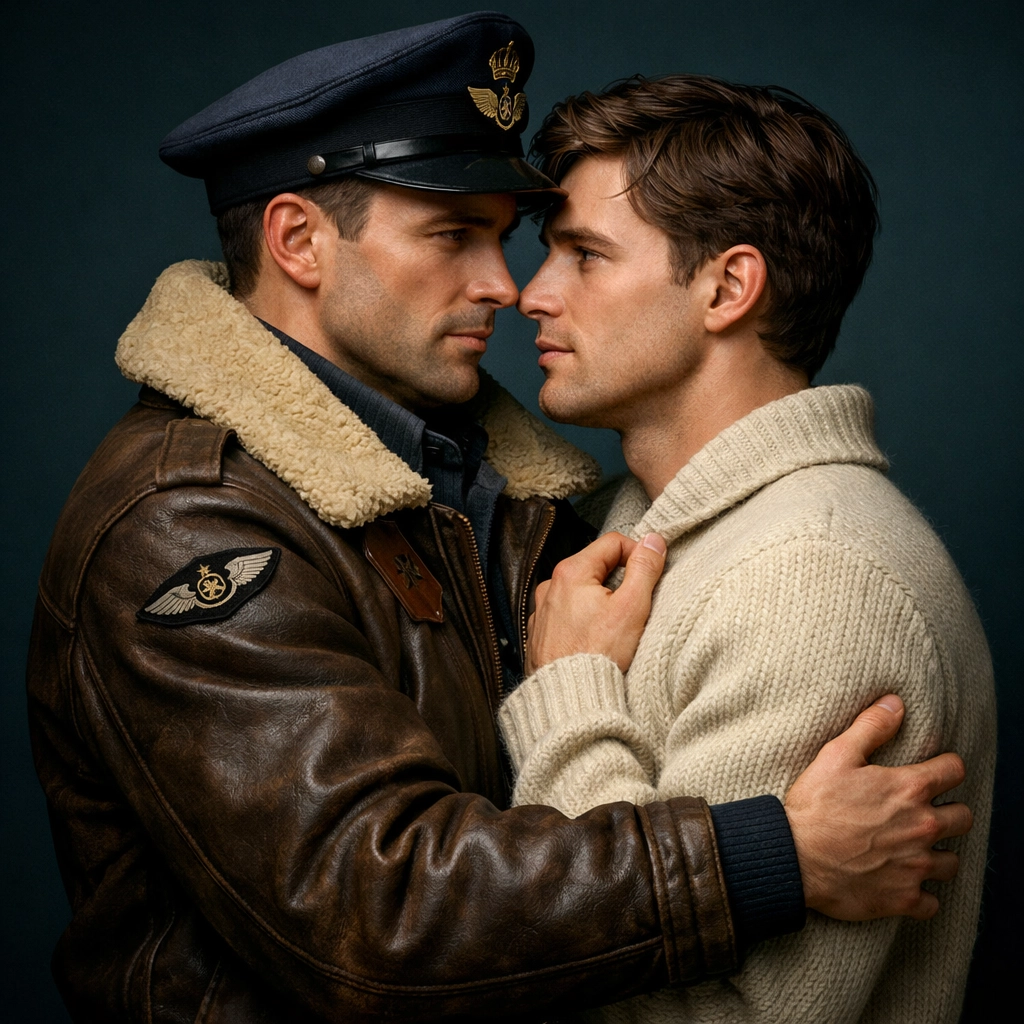 A soldier and civilian in a protective embrace, depicting forced proximity in gay historical romance.