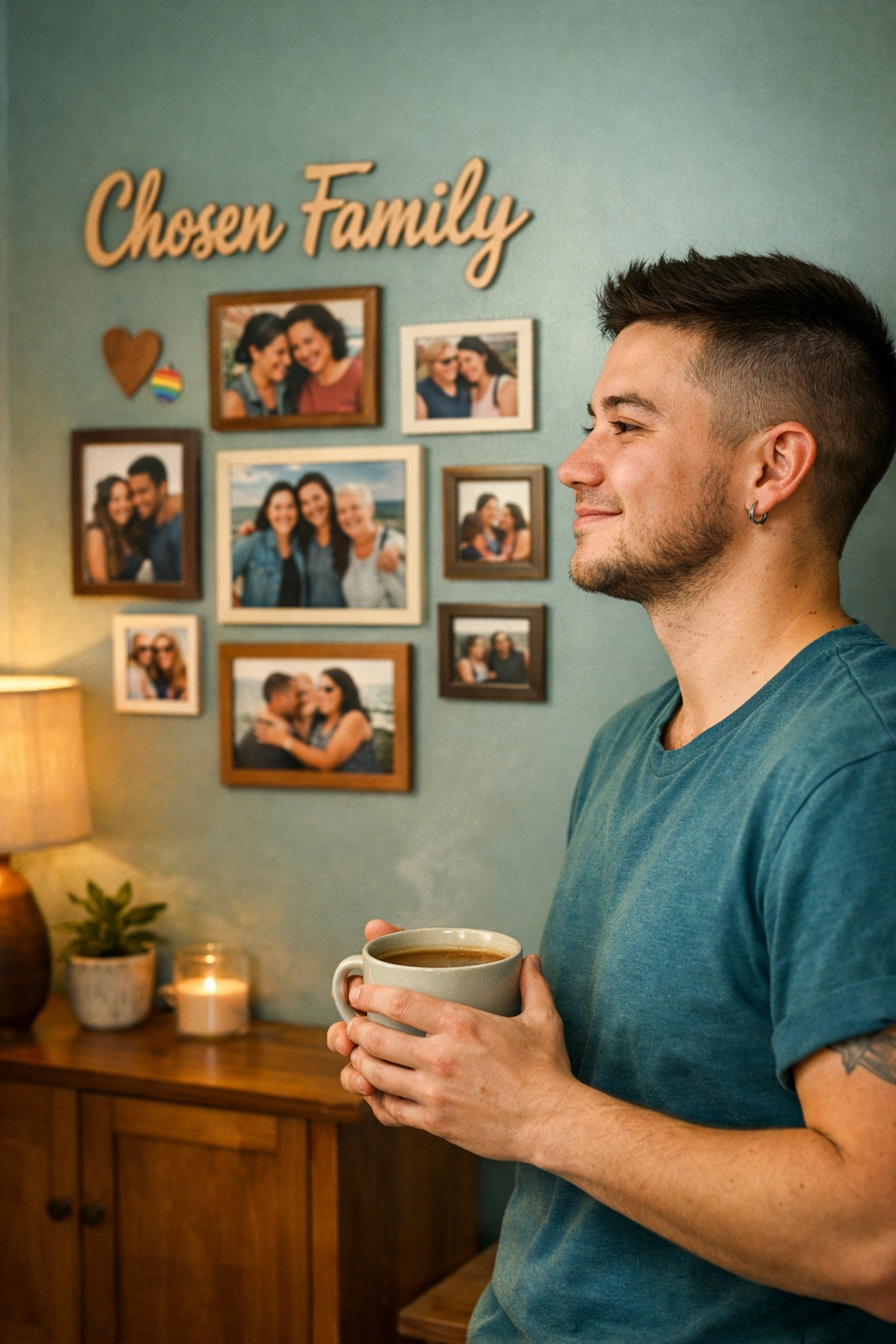 Trans man with photos of chosen family, highlighting the value of estate planning and financial security.