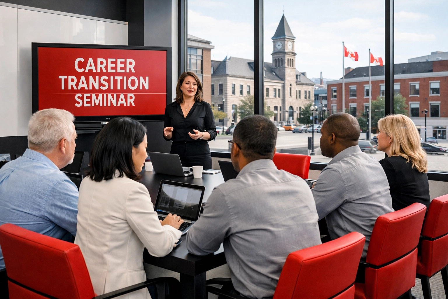 Ontario workers attending a career transition seminar at a modern employment resource center.