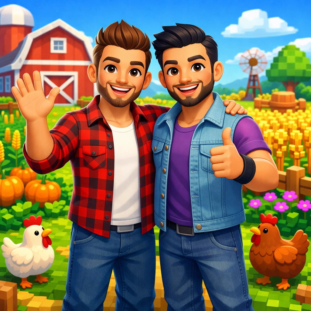 Two male avatars farming together in co-op game - gay gamers building connection