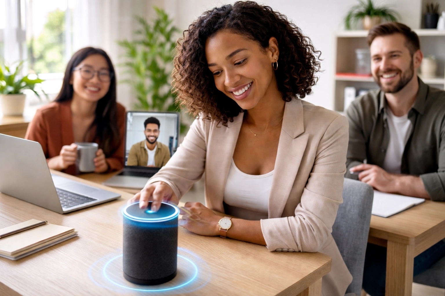 Woman using AI virtual assistant at home office, illustrating generative AI enhancing customer support in 2026