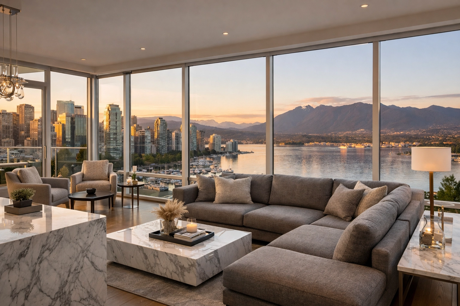 Luxury Vancouver penthouse overlooking Coal Harbour, managed as a high-value Airbnb investment property.