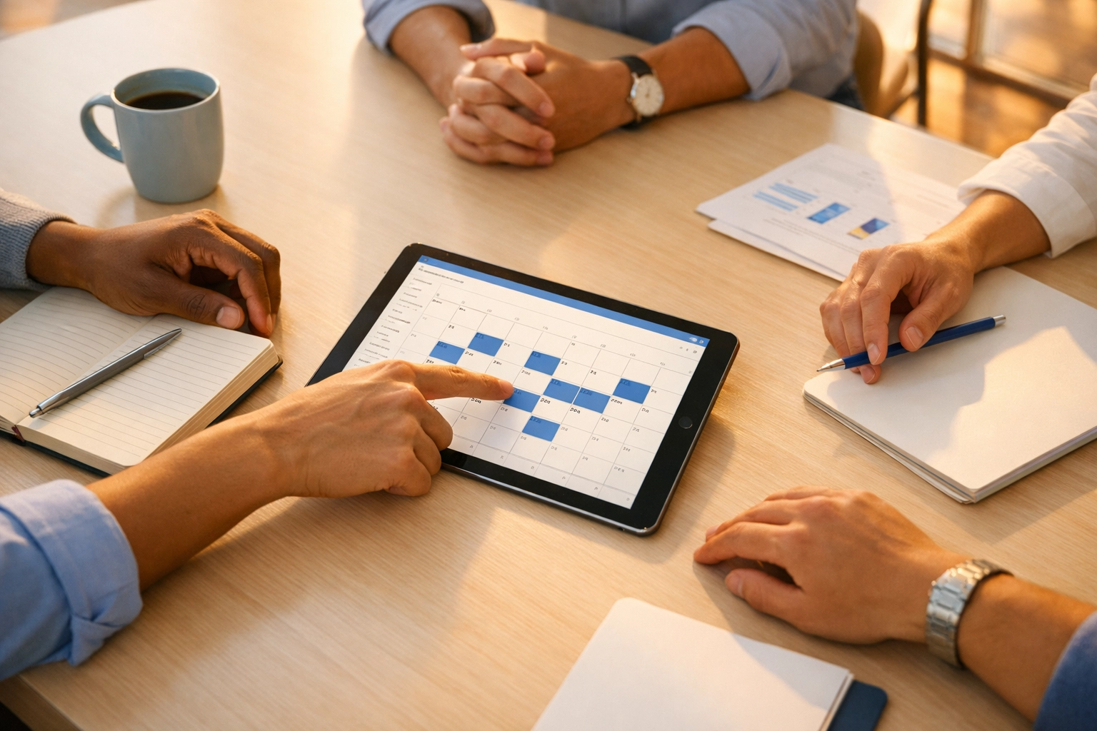 Business team reviewing payroll spreadsheet and calendar on tablet
