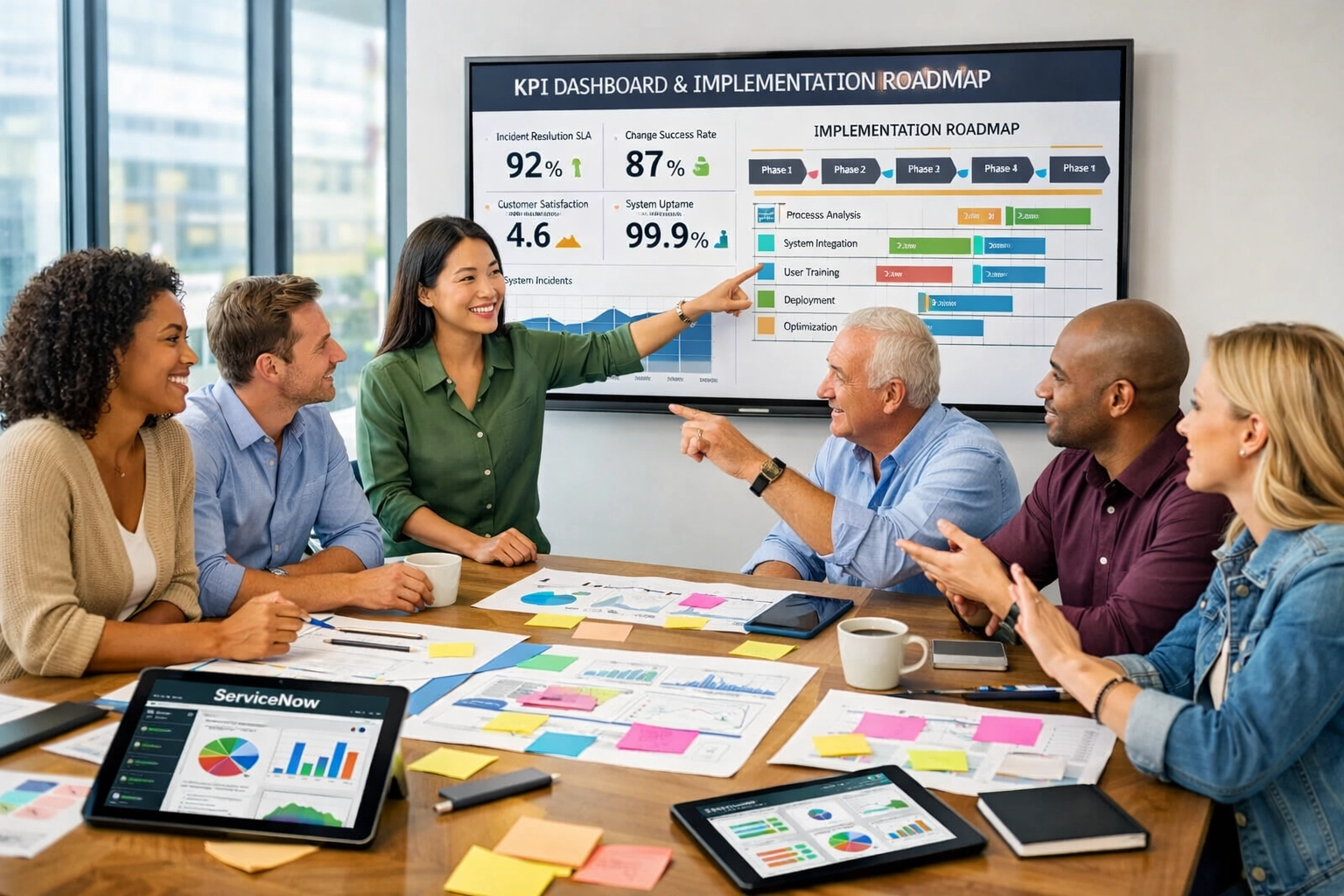 ServiceNow implementation planning team reviewing KPIs and strategic roadmap at conference table