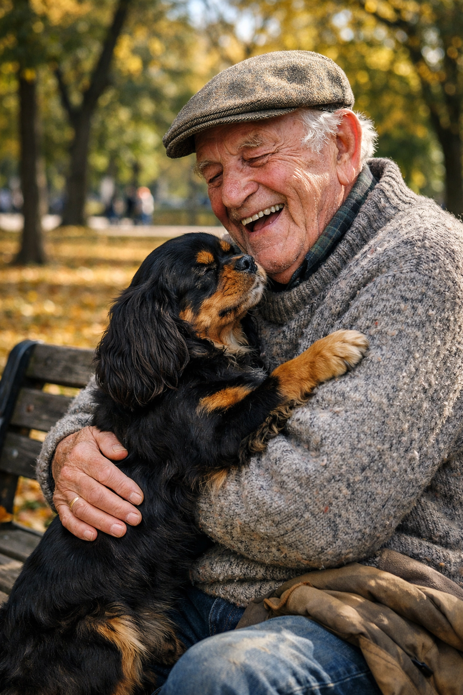 Emotional support dog Cavalier King Charles hugging the arm of an elderly man on a park bench.