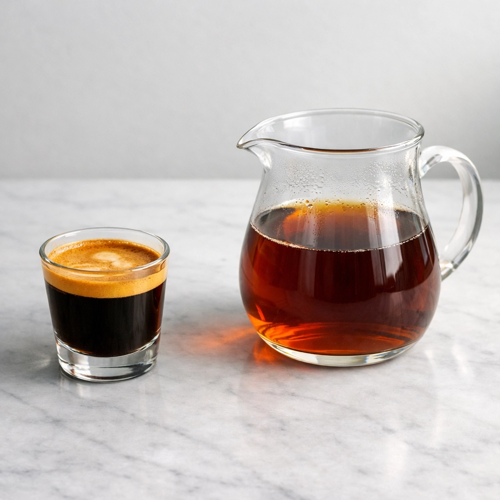 Comparison of rich espresso with golden crema and amber pour-over filter coffee on a marble counter.