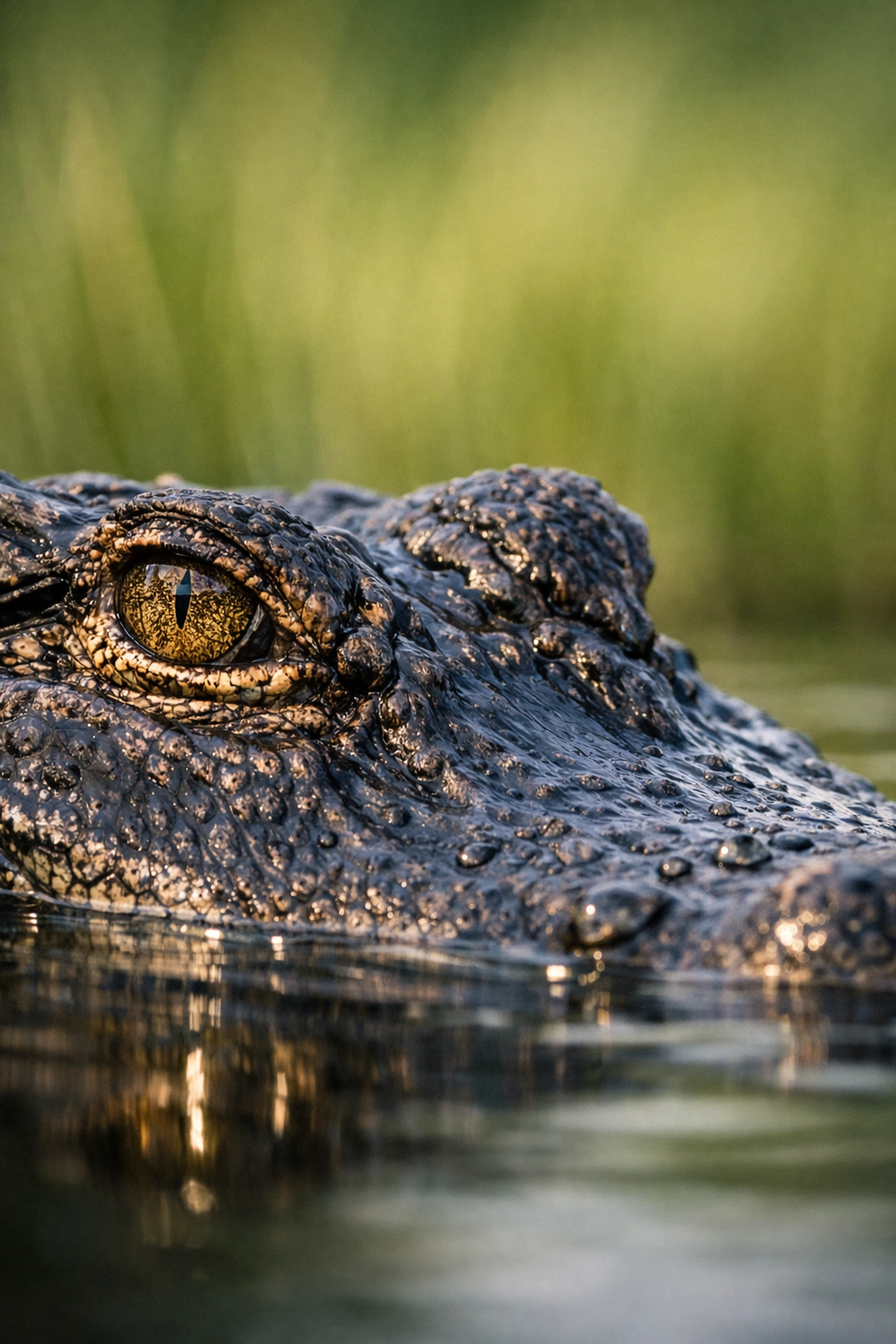 Intimate close-up of an alligator's eye in the water, demonstrating Everglades wildlife photography techniques.