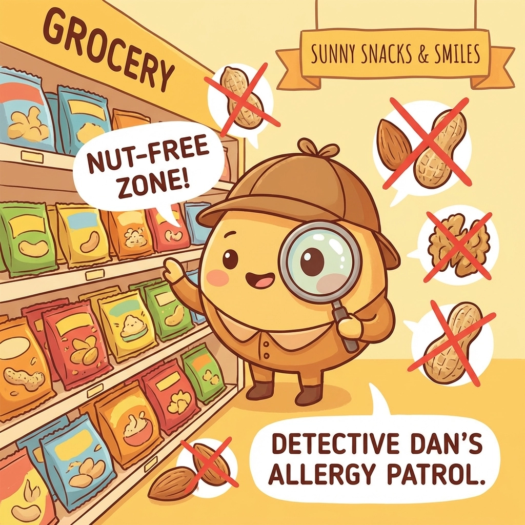 Cartoon detective examining snack packages for nut free snacks and allergens in a grocery store aisle