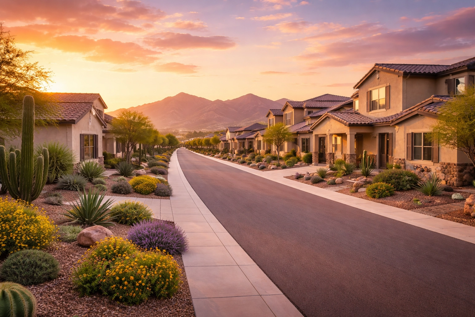 Wide-angle view of a Buckeye, Arizona neighborhood with desert landscaping and White Tank Mountains at sunset