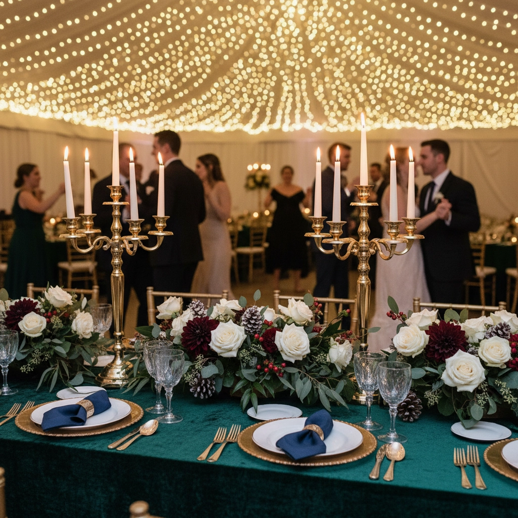 Elegant table setting with gold candelabras, white and red flowers on green cloth. Background shows people dancing under string lights.