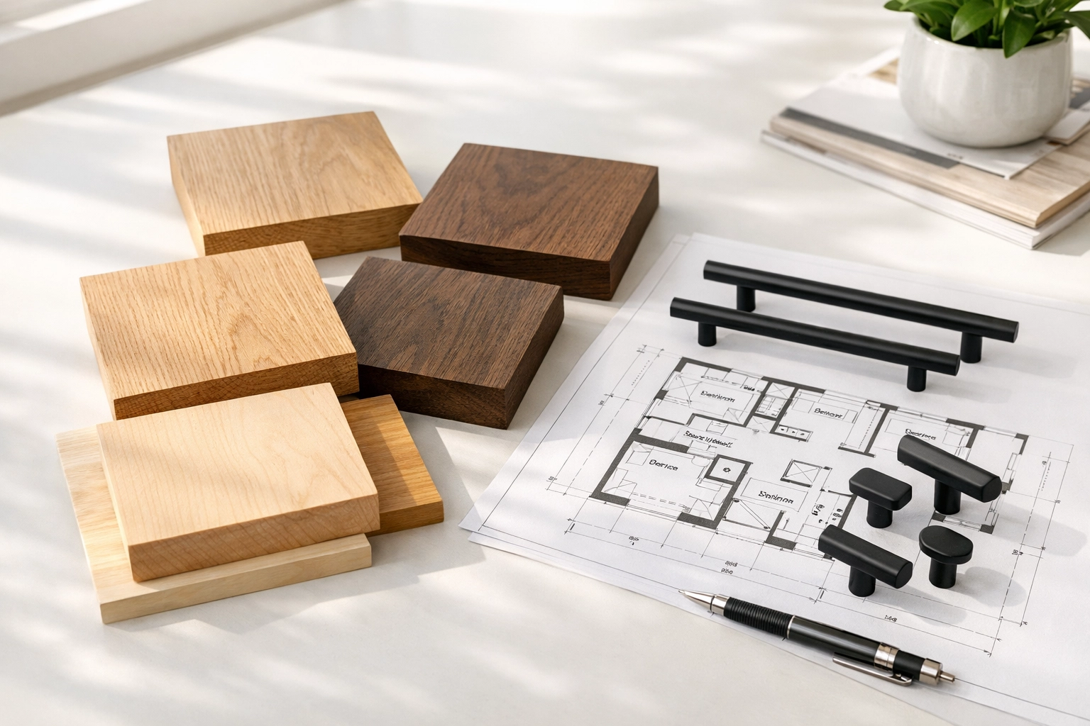 Custom cabinet wood samples and floor plans for a Minnesota home renovation project.