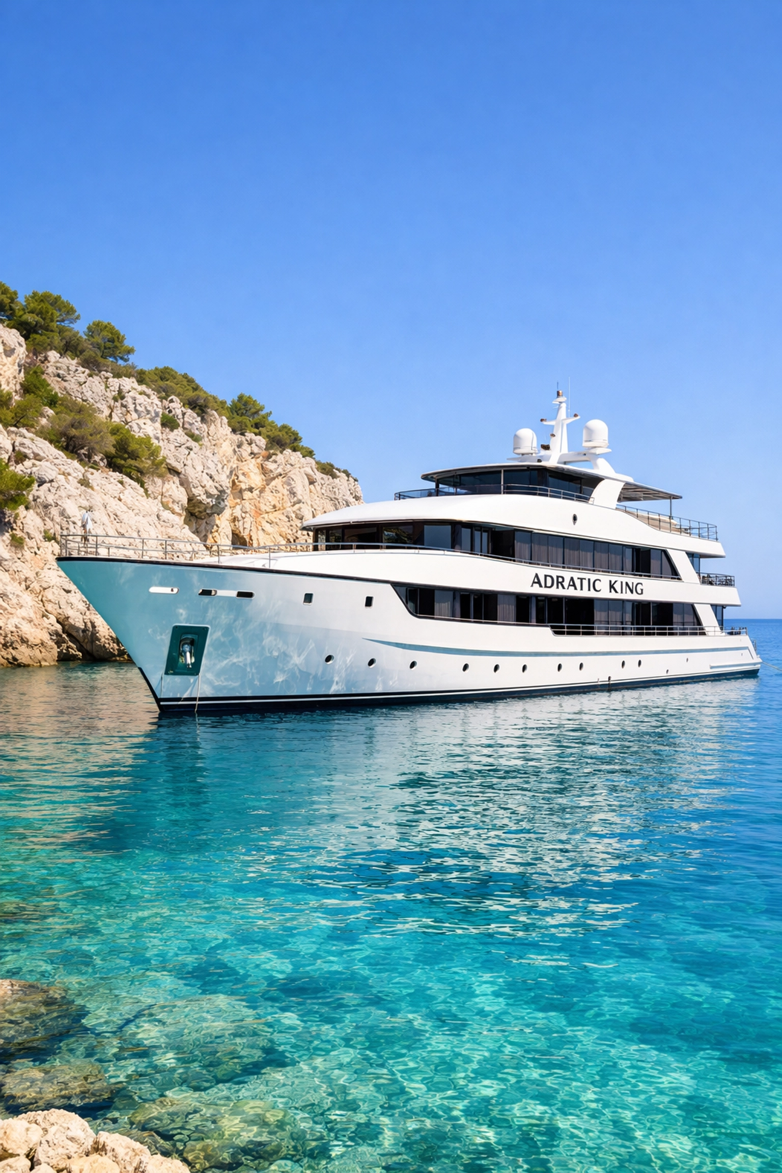 The luxury small ship Adriatic King anchored in a turquoise Croatian cove surrounded by limestone cliffs.