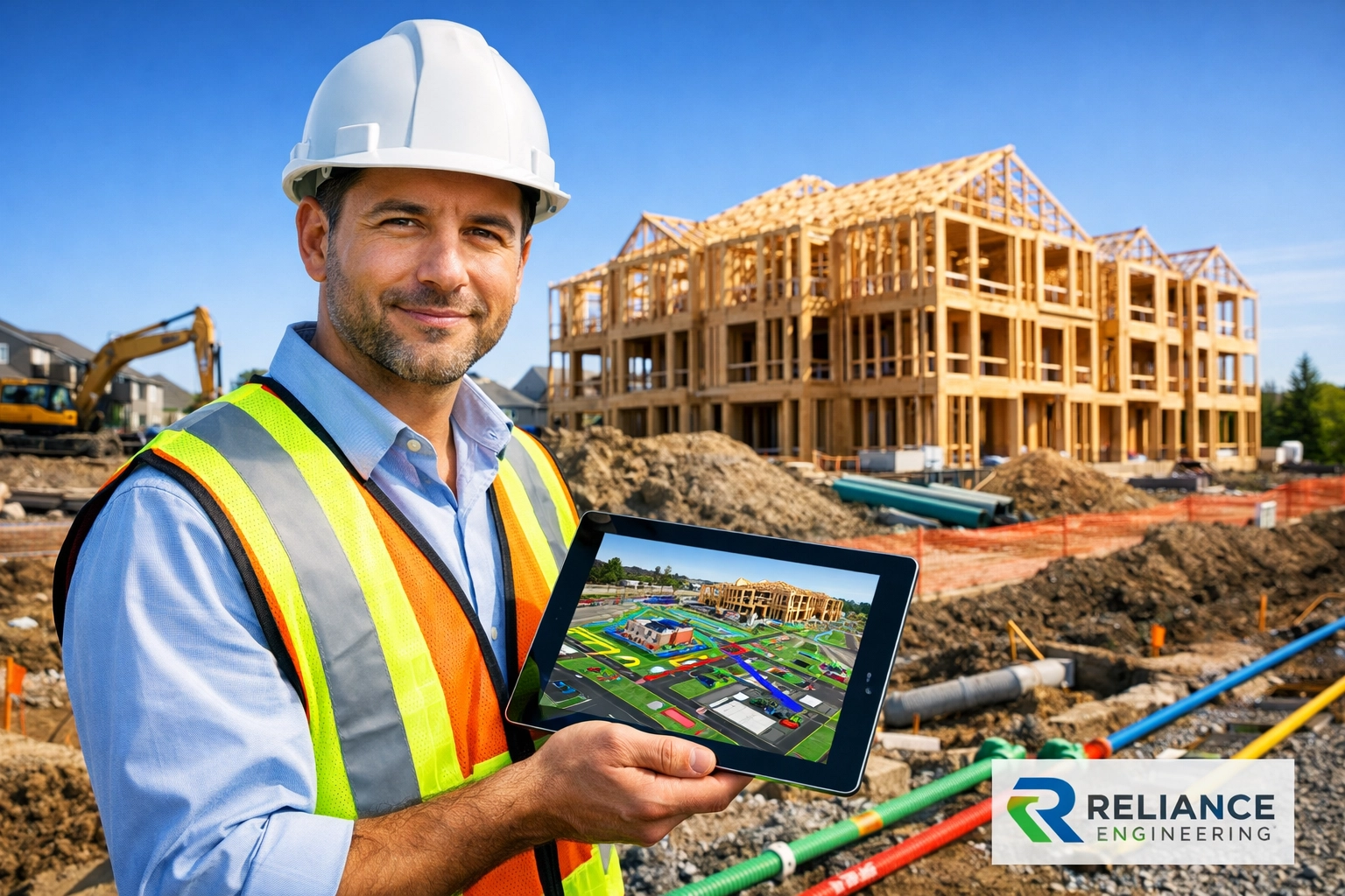 Civil engineer reviewing a residential site servicing plan for a new Ontario multi-unit development.