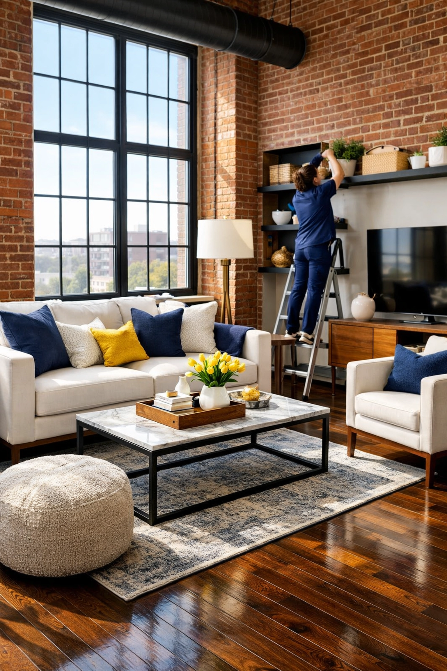 Professional cleaners MA performing a deep cleaning service in a sun-drenched Lowell mill loft with polished floors.