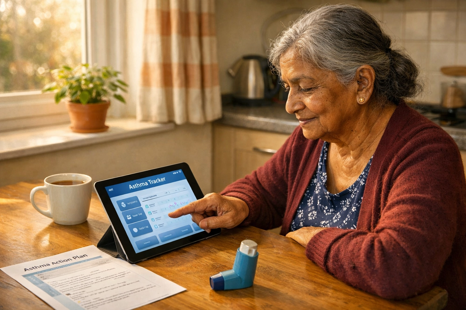 Elderly patient using digital health technology for respiratory self-management at home with inhaler