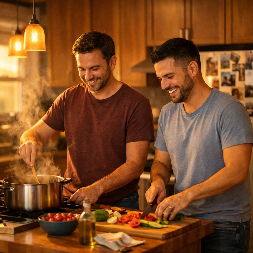 Gay couple cooking together at home, finding authentic comfort after hiding relationship at work