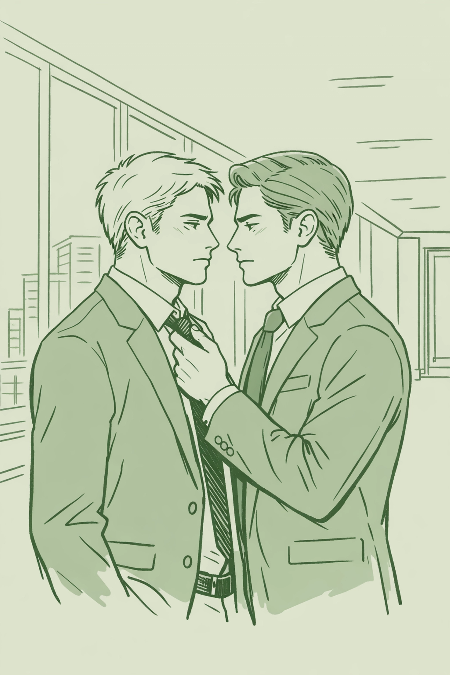 Two male executives in intimate moment adjusting tie in corporate office hallway MM romance