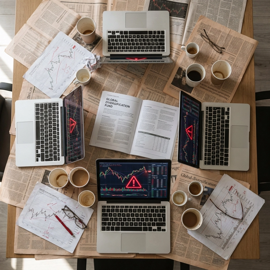 Cluttered investor desk with piles of financial papers and screens, illustrating over-diversification complexity