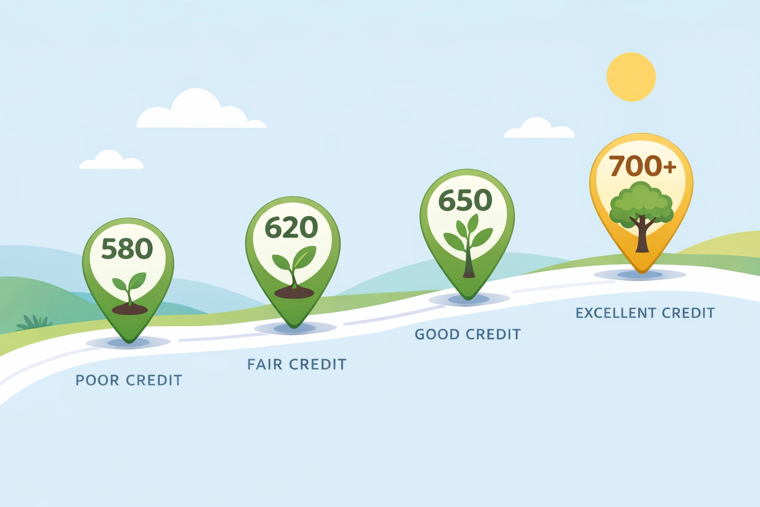 Línea de tiempo mostrando progreso de score de crédito de 580 a 700 puntos