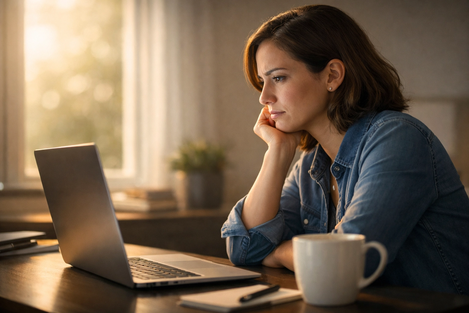 Professional reading job rejection email at desk, showing determination after disappointment