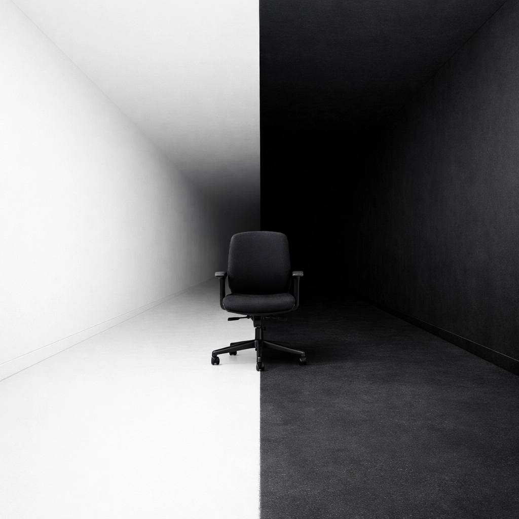 A stark hallway fading into shadow with an empty chair, illustrating the cold reality of customer service.