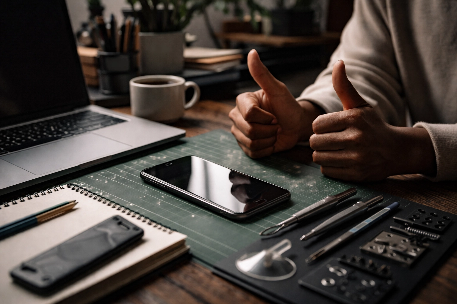 Technician repairing iPhone screen in cozy Brooklyn coffee shop, showing convenient mobile device repair