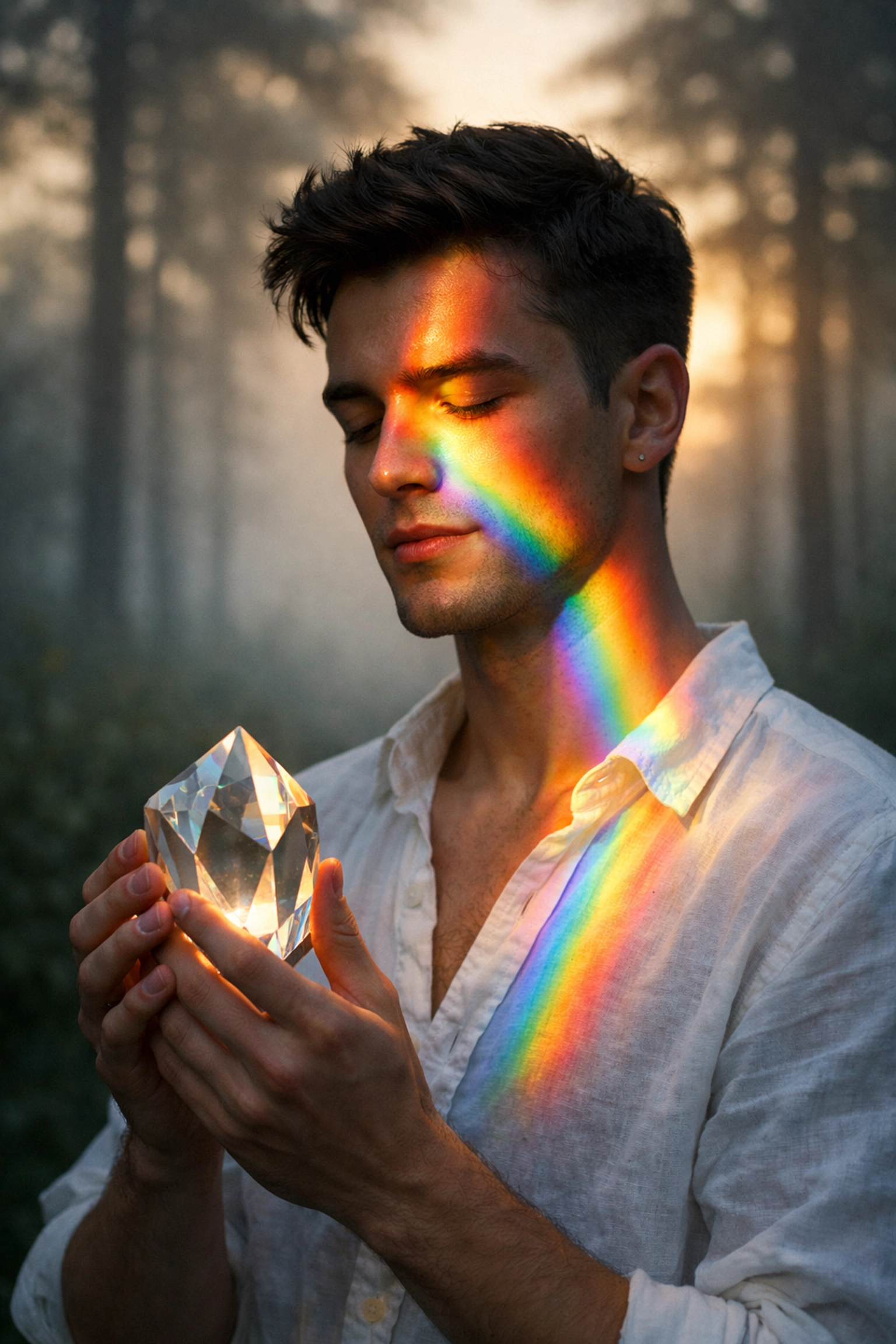 A gay man with a rainbow light on his face, representing queer spirituality and the journey of coming out.