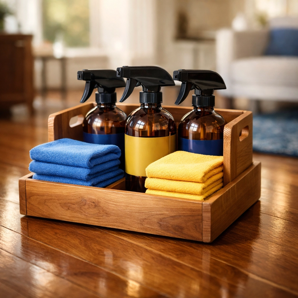 Eco-friendly house cleaning MA supplies including non-toxic spray bottles and microfiber cloths on a wood floor.