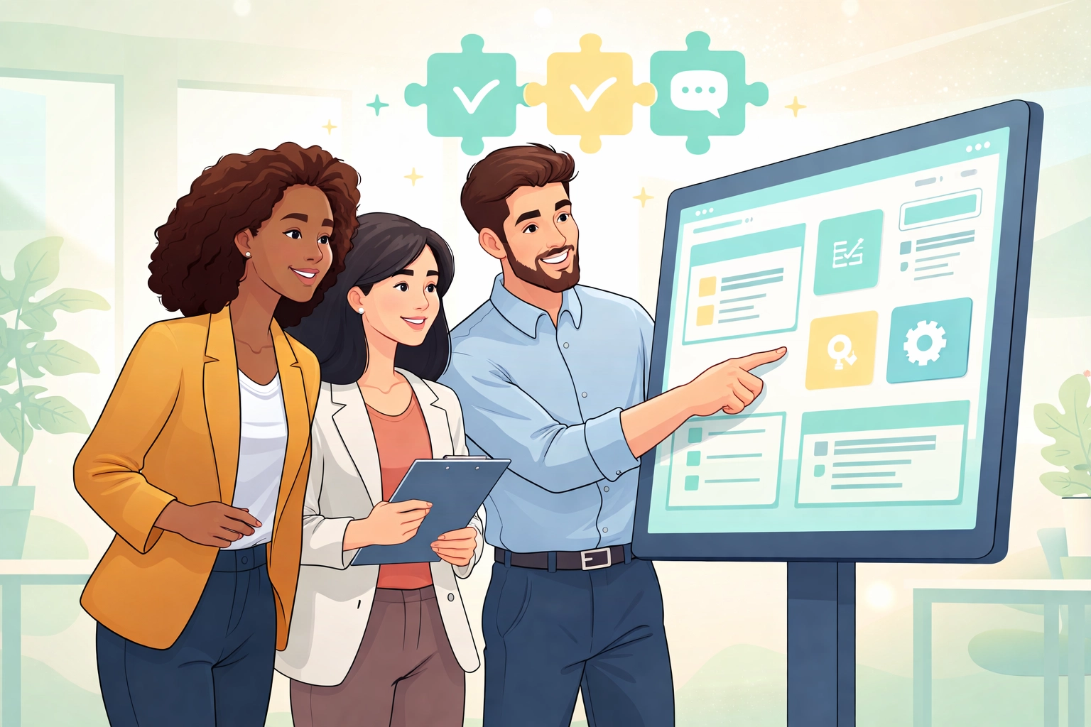 Team of business professionals comparing software options for unified HR, CRM, and project management solutions