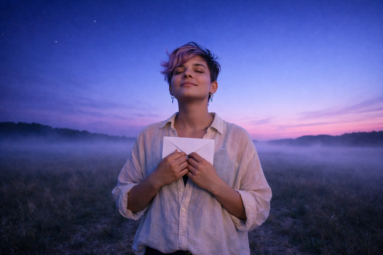 A non-binary individual finding relief and peace while holding their coming out letter outdoors.