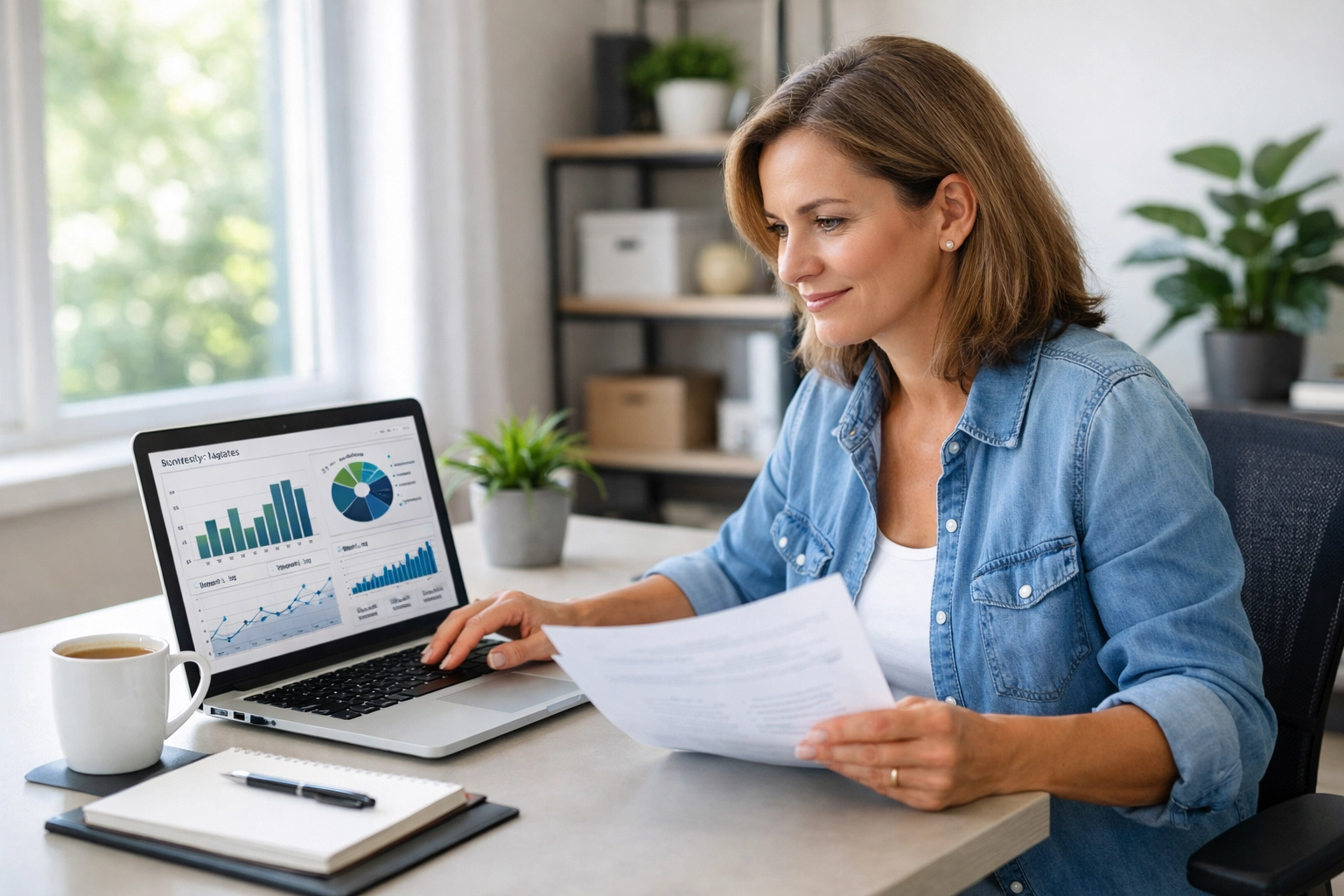 Small business owner reviewing POS analytics and performance data on laptop