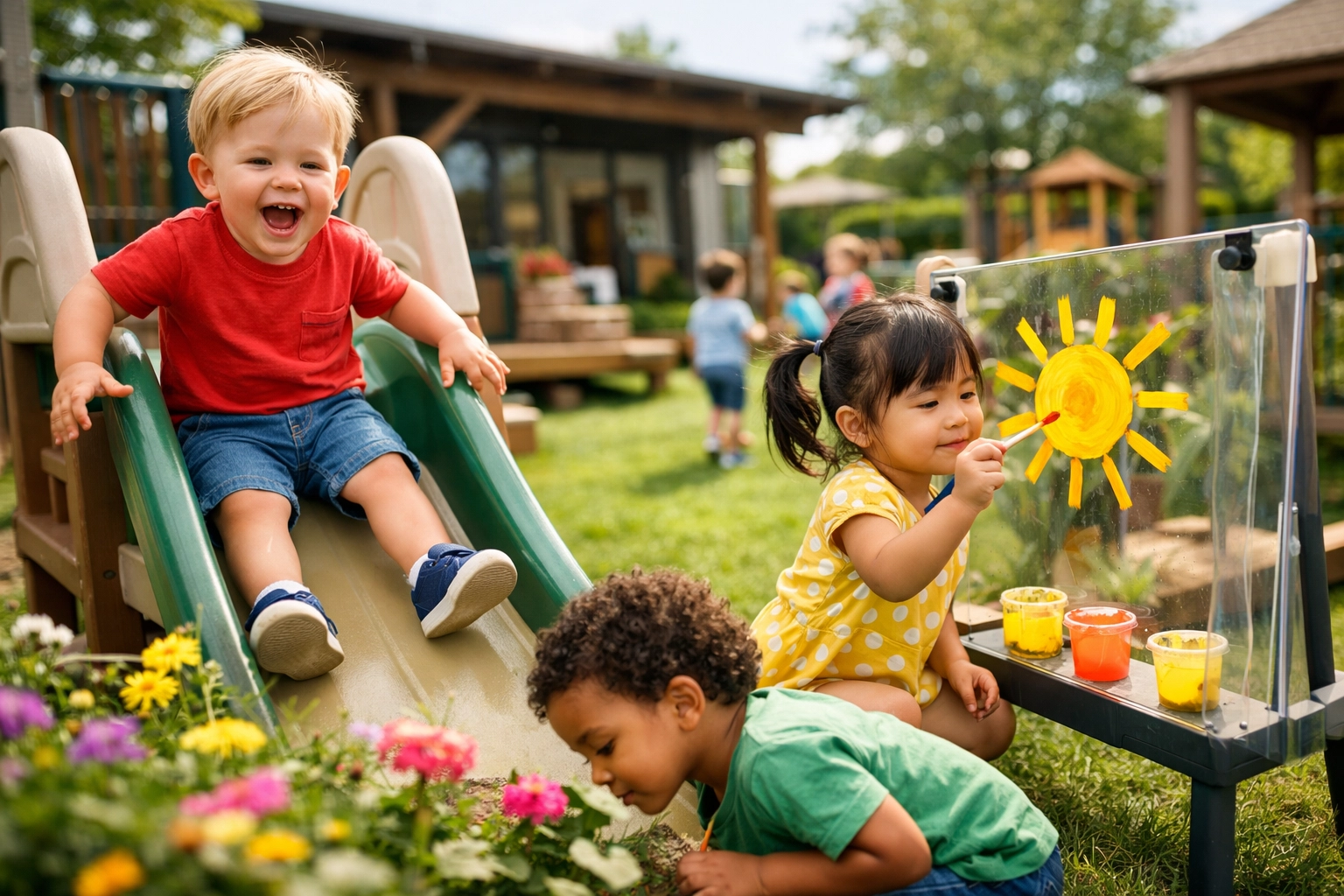 Toddlers enjoying outdoor play and fun learning activities at Rainbow Hut Early Learning Centre.