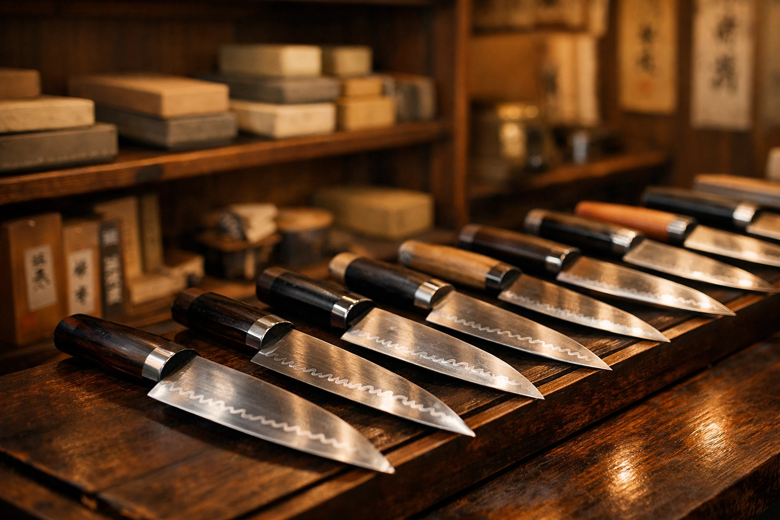 Hand-forged steel knives in a Tsukiji shop, highlighting local craftsmanship and photo spots.