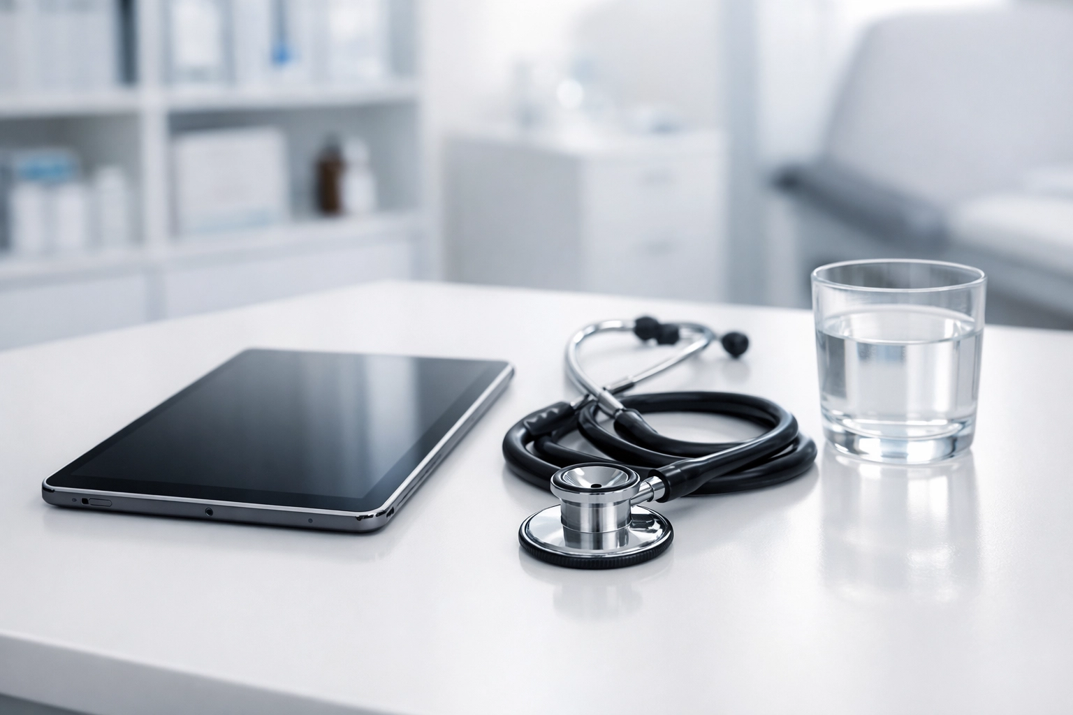 A tablet and stethoscope on a desk representing an online medical weight loss assessment at DrMed Health.