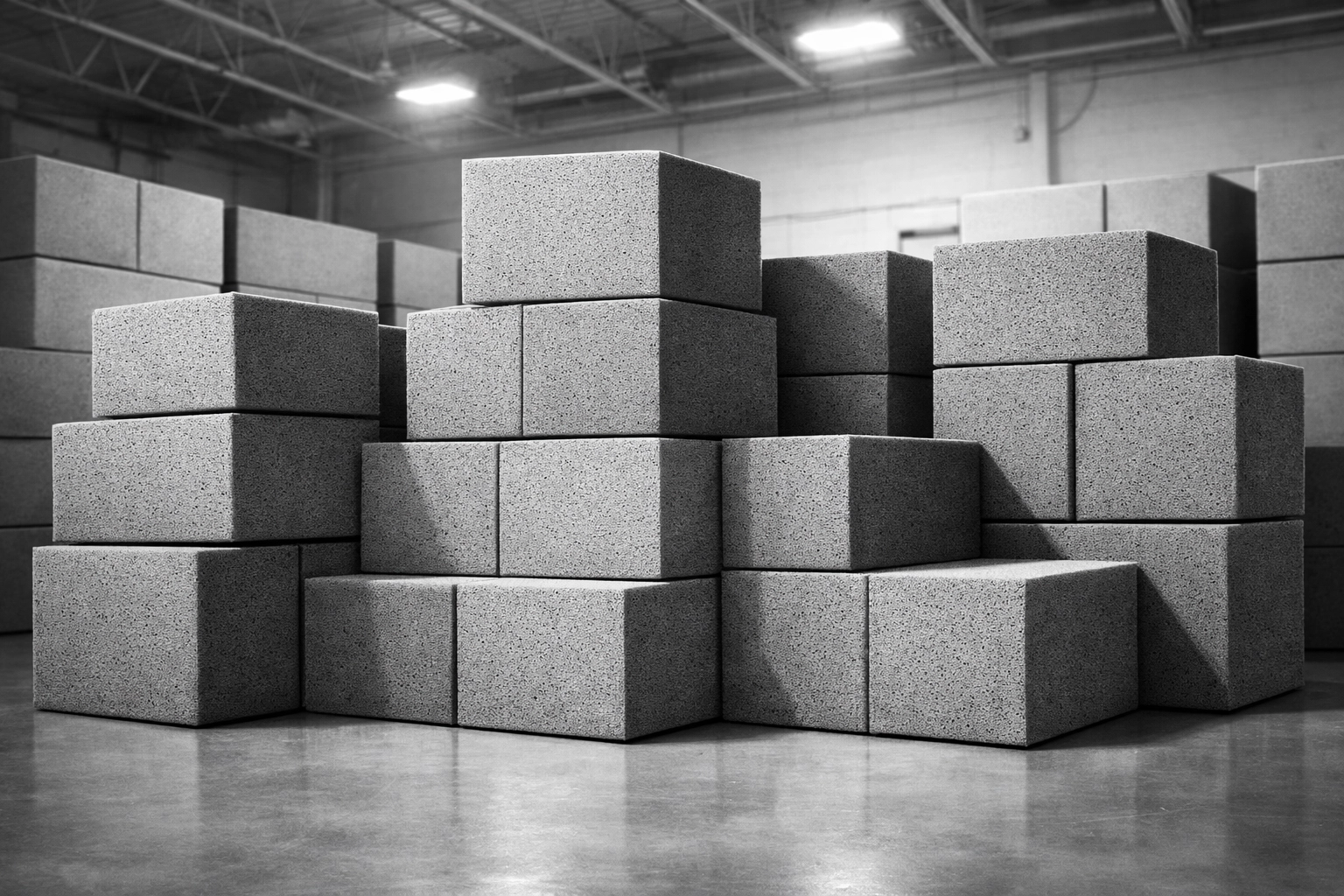 Large inventory of high-density foam rubber for custom furniture cushion replacement.