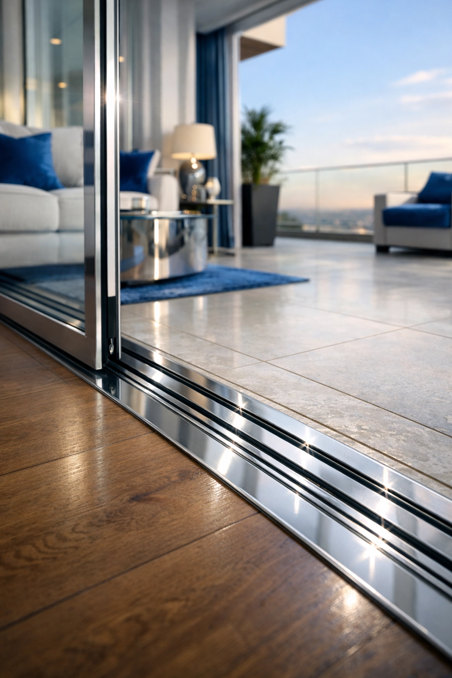 Sparkling clean silver sliding door track after professional post-construction cleaning service.