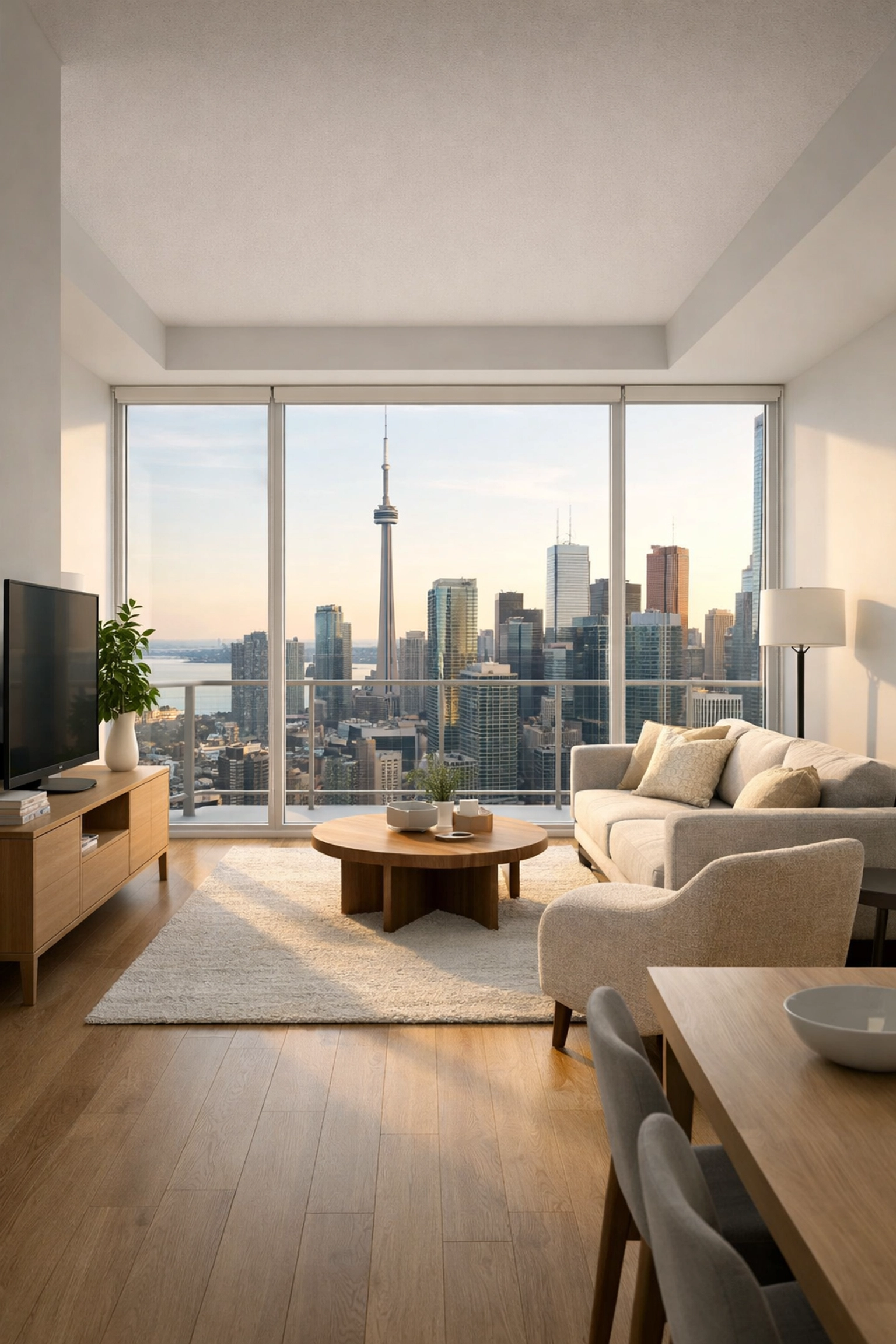 Modern Toronto condo interior with floor-to-ceiling windows and city skyline view