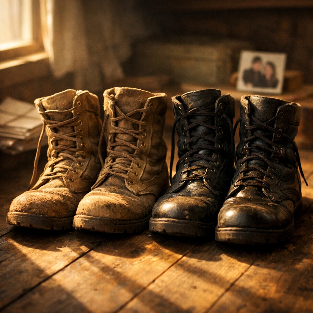 Military boots side by side symbolizing closeness between gay soldiers in historical barracks