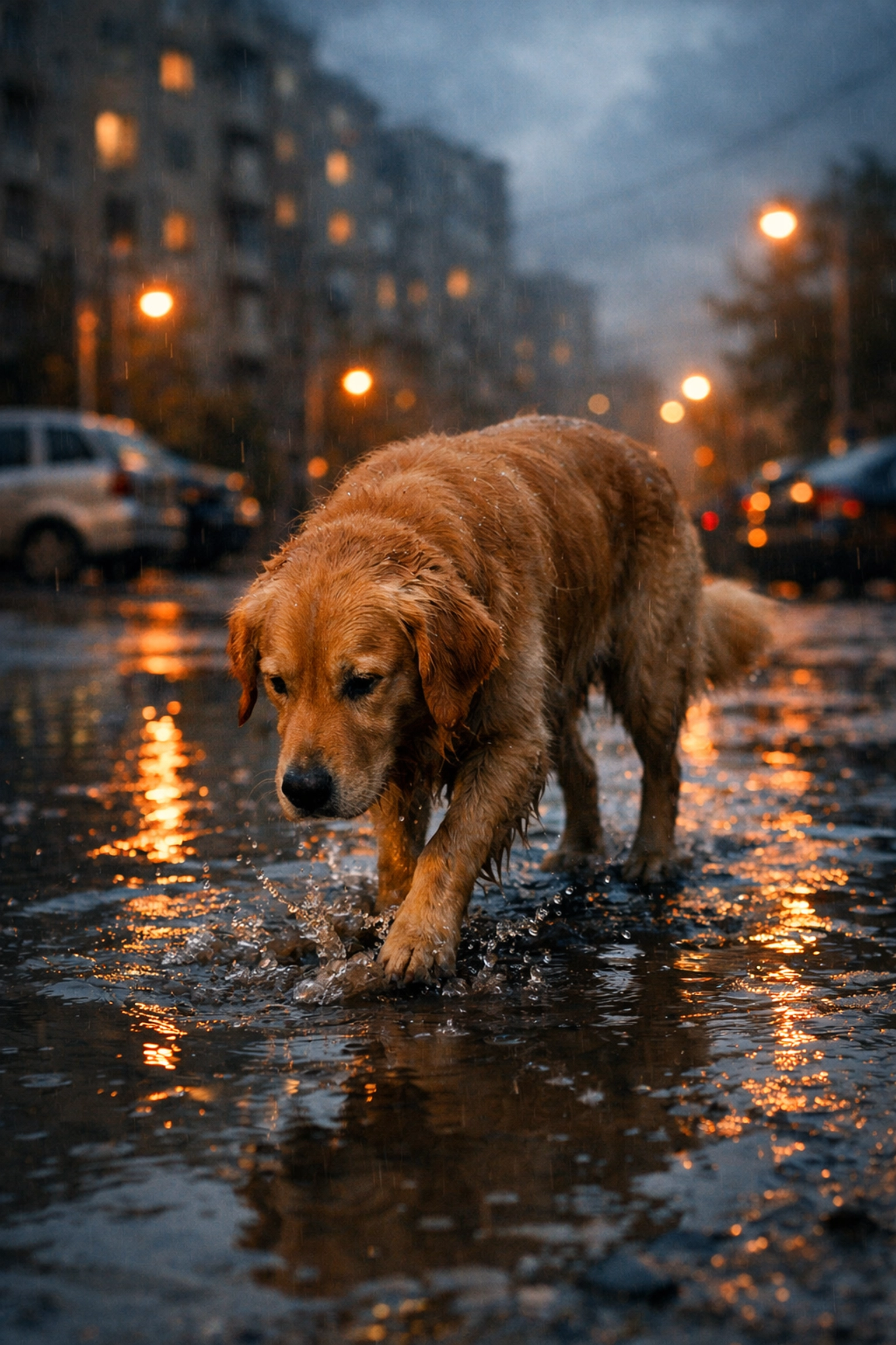 Dog walking through contaminated puddle on urban street during rainy season