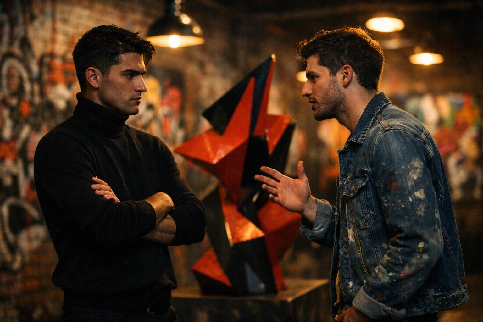 Two men in enemies-to-lovers MM romance confronting each other in São Paulo underground art gallery