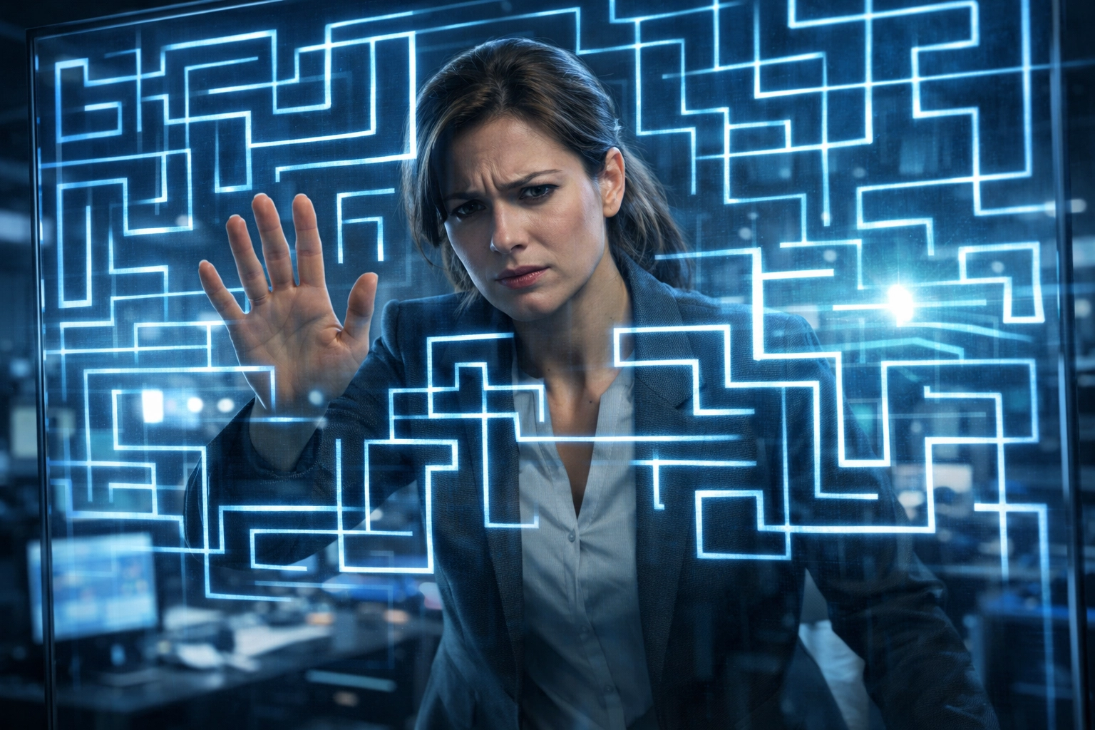 A frustrated business professional trapped in a digital maze illustrating a broken customer support loop.