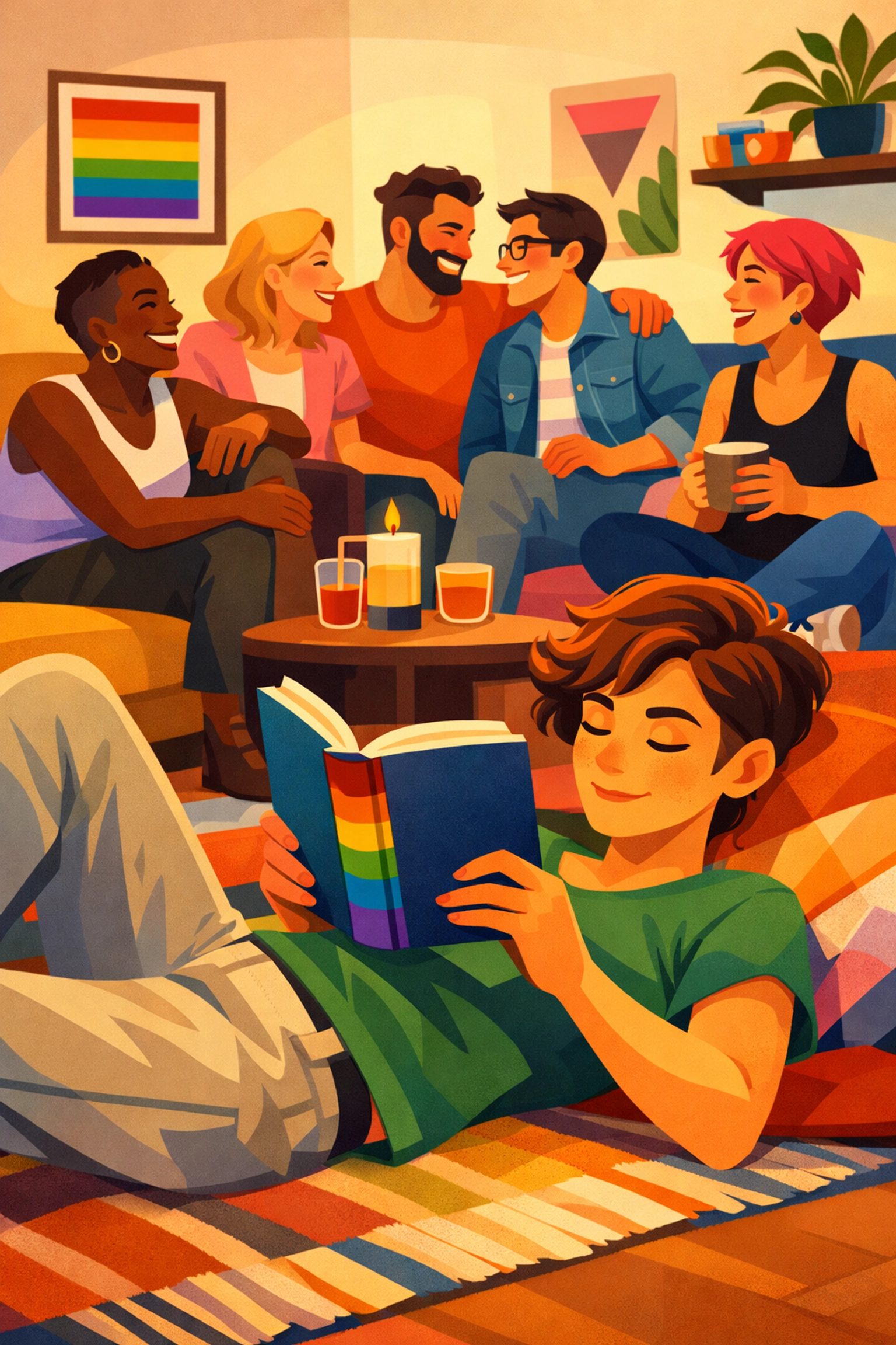 Diverse LGBTQ+ friends reading together in a lounge, showing the joy of queer representation.