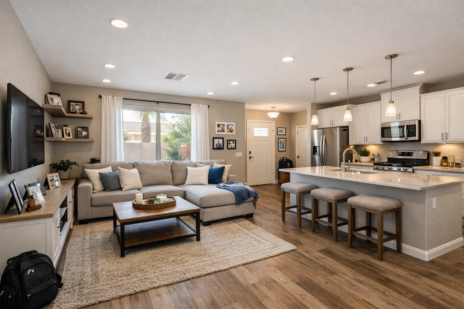 Open-concept living room interior of Henderson home with natural light