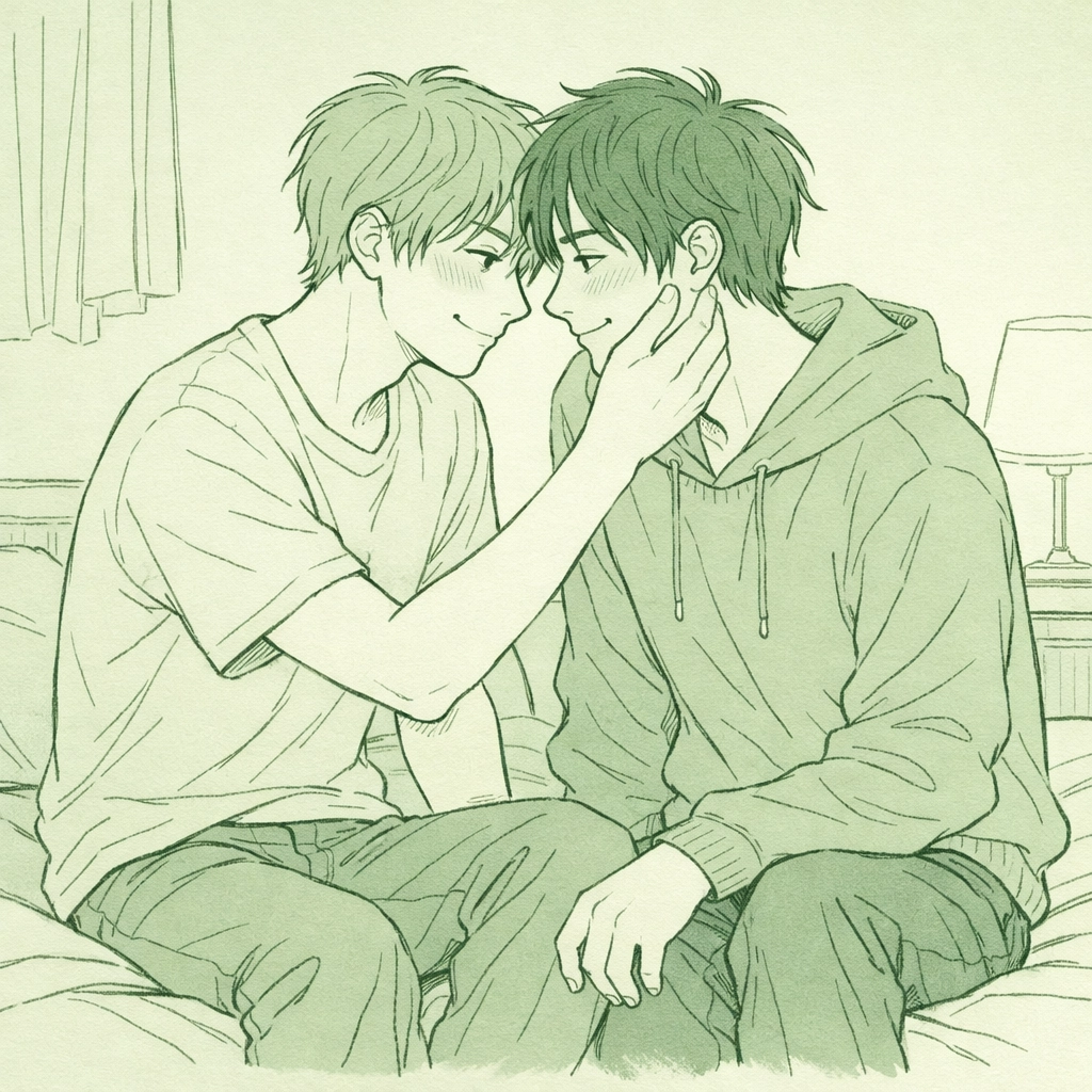 Two young men in their twenties sharing an intimate first-time moment on bed
