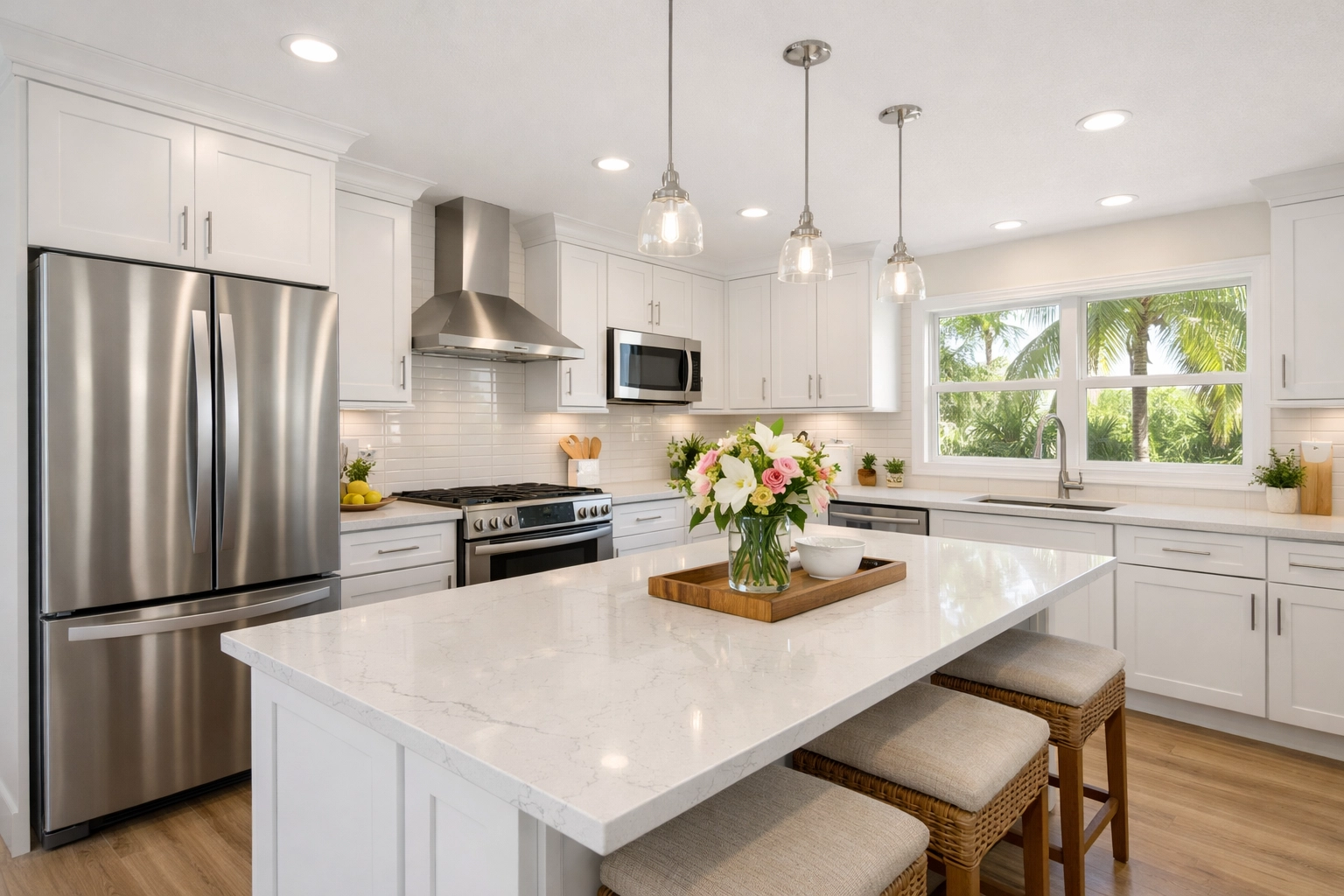 Modern kitchen remodel completed in Orlando home with white cabinets and quartz countertops