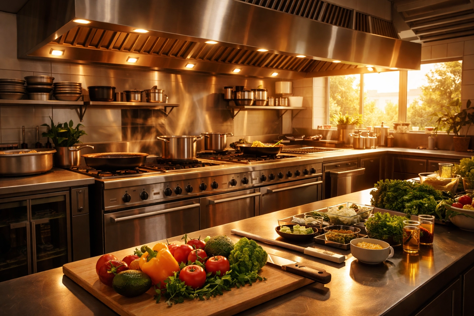 Modern restaurant kitchen with commercial equipment and fresh ingredients, highlighting property insurance for restaurants.