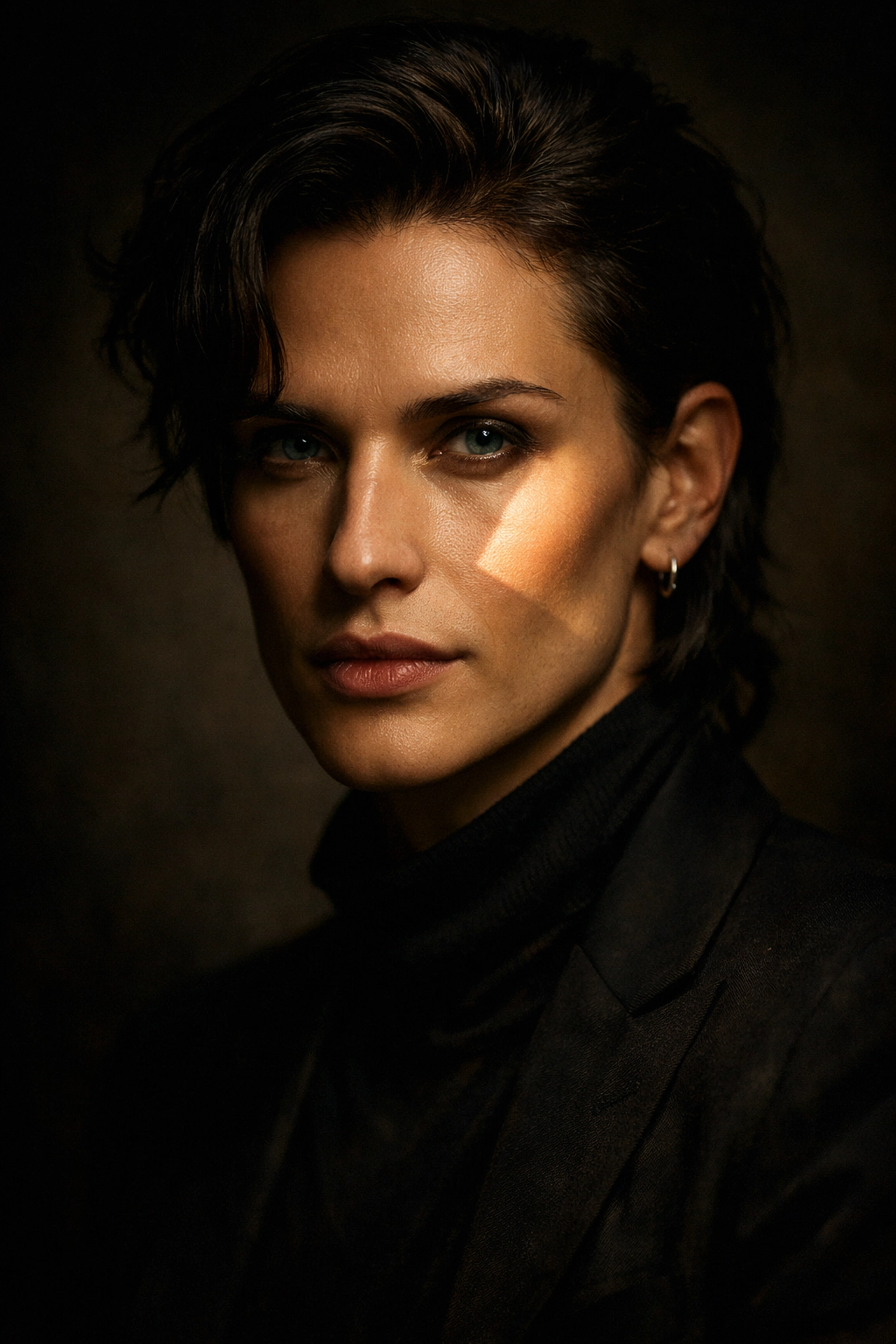 Dramatic studio portrait showcasing Rembrandt lighting techniques and professional shadow control.